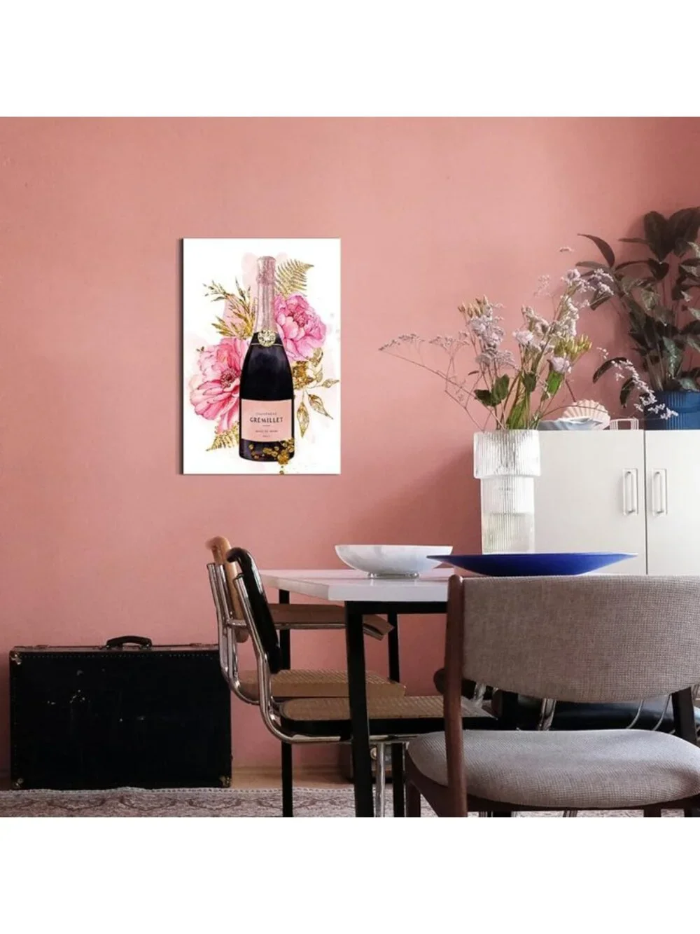 Chic Champagne Canvas Art with Pink Peony & Gold Foil - Glam Floral Wall Decor